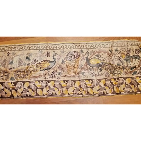 Pure silk scarf rolled edges Peacock Design rectangle 64" x 13.25"       H1 - Picture 7 of 8